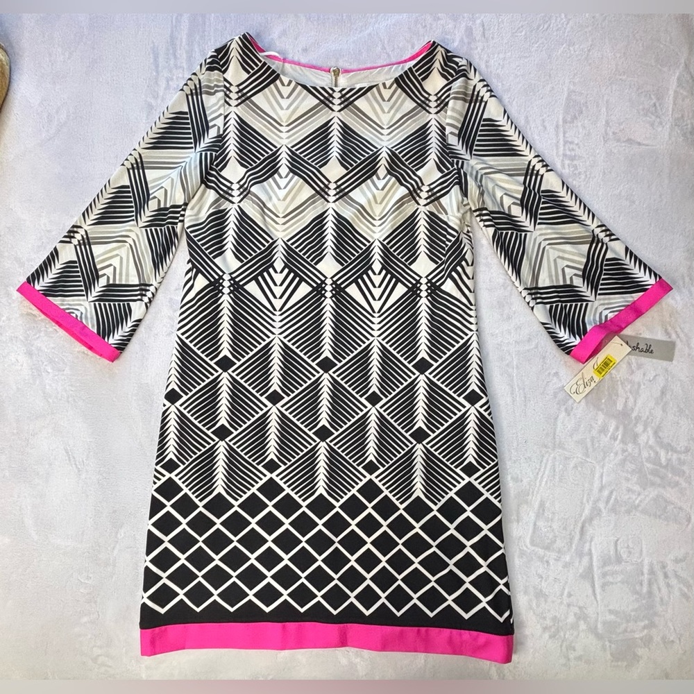 2590 - Eliza J Black and White Geometric Dress with Pink Trim NWT SIZE 8 - Picture 9 of 14